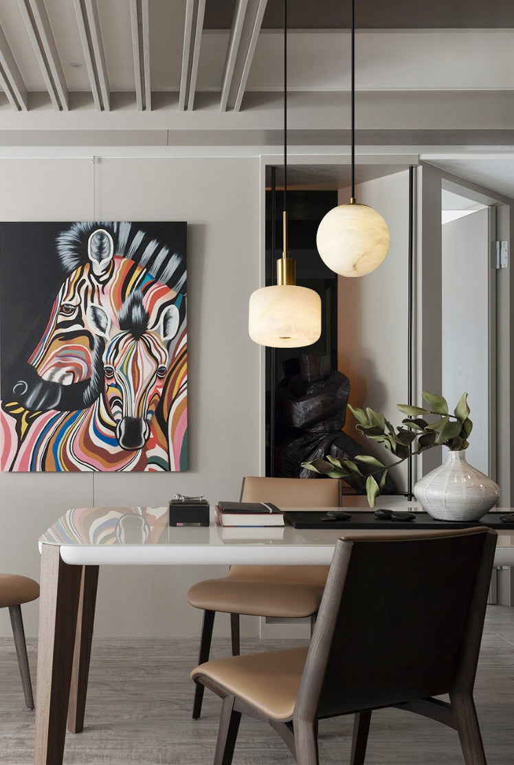 Shaded Bedroom Suspension Pendant Light Stone Modern Style Hanging Light Fixture in White