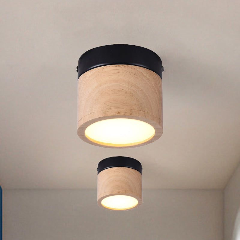Mini LED Foyer Flush Ceiling Lamp Nordic Style Black and Beige Ceiling Lamp with Cylinder Wood Shade