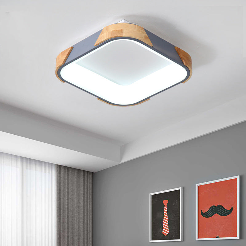 Macaron Square Flush Light Grey/White/Pink Wood LED Ceiling Light Fixture in Warm/White Light, 14"/18"/24" Wide