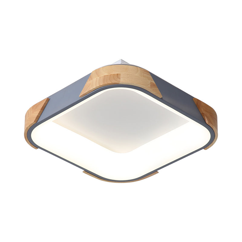 Macaron Square Flush Light Grey/White/Pink Wood LED Ceiling Light Fixture in Warm/White Light, 14"/18"/24" Wide