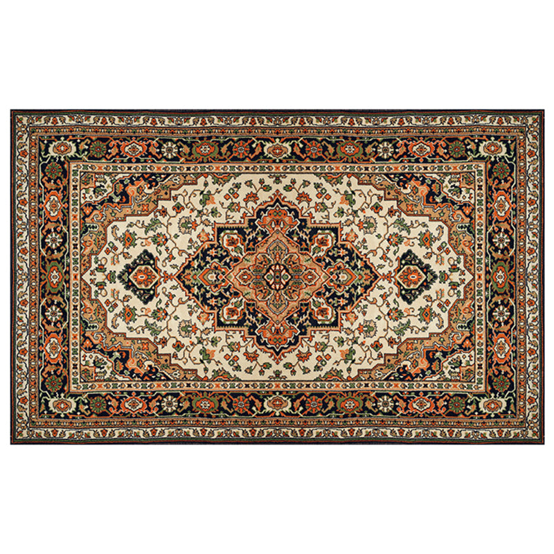 Red Tone Floral Print Rug Polyester Carpet Antique Anti-Slip Backing Indoor Rug for Living Room