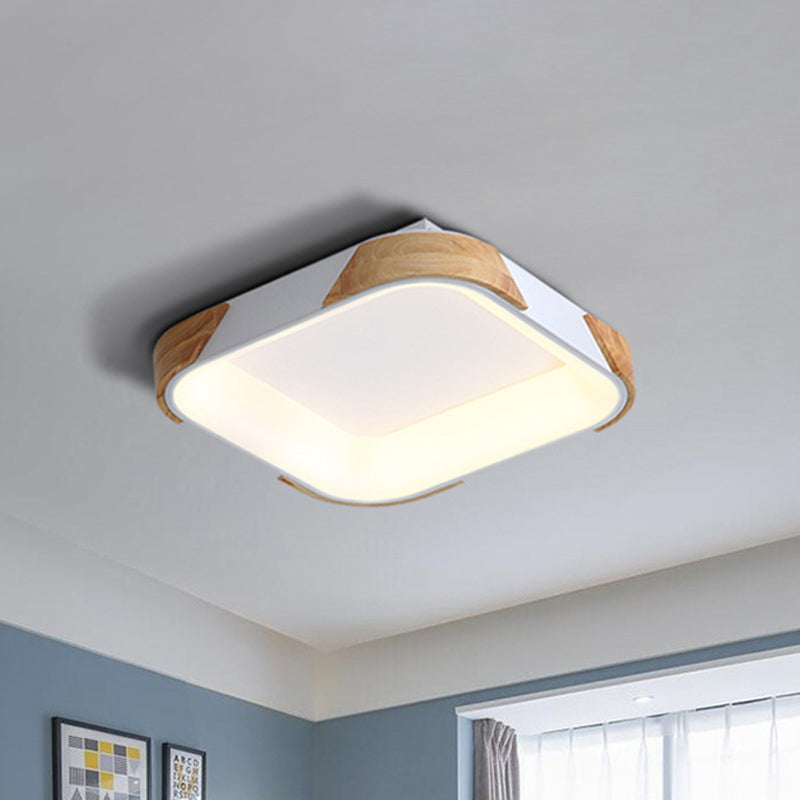 Macaron Square Flush Light Grey/White/Pink Wood LED Ceiling Light Fixture in Warm/White Light, 14"/18"/24" Wide