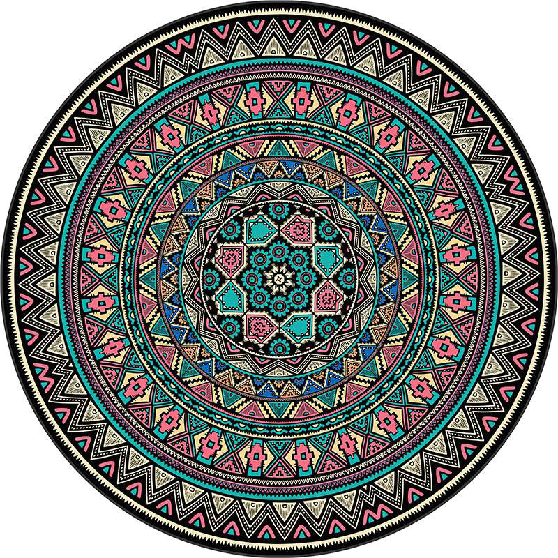 Round Multicolor Flower Print Rug Polyester Carpet Retro Anti-Slip Backing Indoor Rug for Bedroom