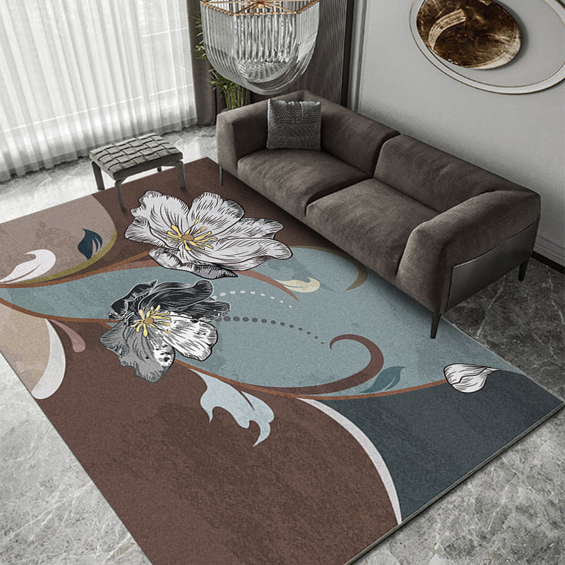 Dark Colored Modern Rug Plants Pattern Area Carpet Polyester Stain Resistant Rug for Living Room