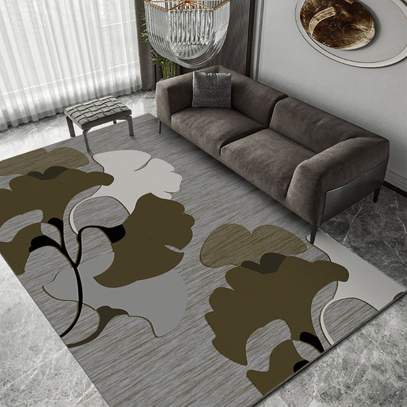 Dark Colored Modern Rug Plants Pattern Area Carpet Polyester Stain Resistant Rug for Living Room