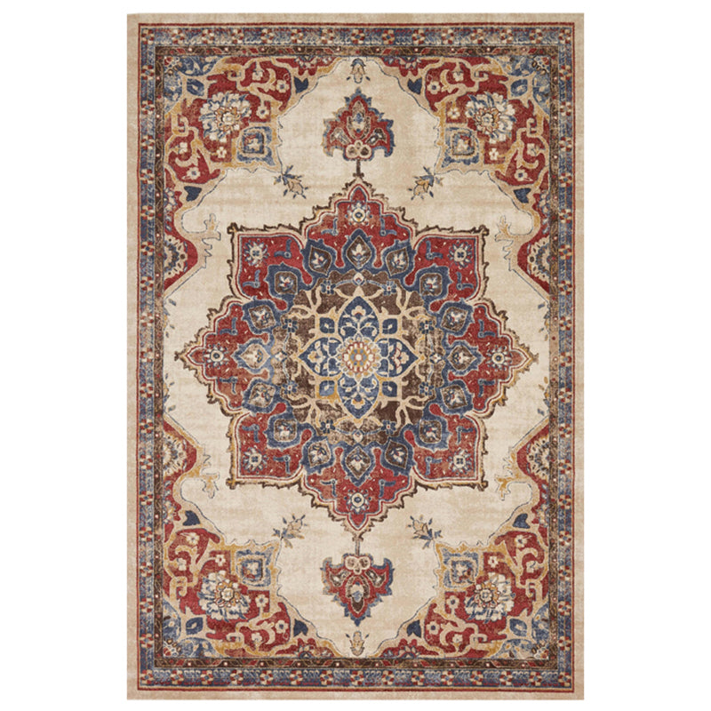 Red Tone Ethnic Print Rug Polyester Moroccan Carpet Non-Slip Backing Indoor Rug for Living Room