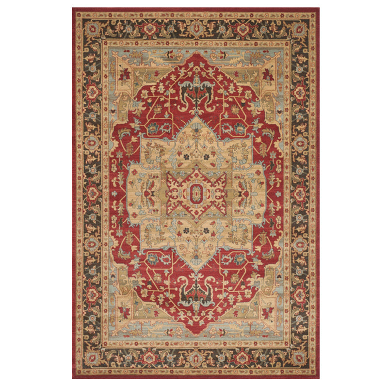 Red Tone Ethnic Print Rug Polyester Moroccan Carpet Non-Slip Backing Indoor Rug for Living Room
