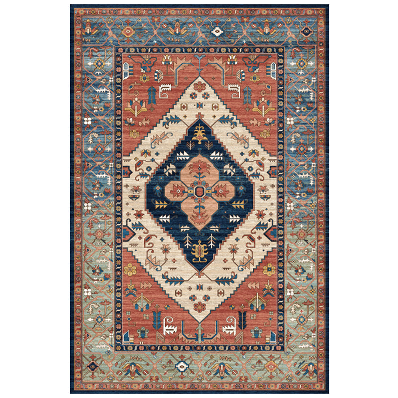 Red Tone Ethnic Print Rug Polyester Moroccan Carpet Non-Slip Backing Indoor Rug for Living Room