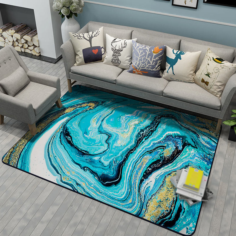 Blue Watercolor Printed Rug Creative Abstract Art Carpet Polyester Washable Rug for Living Room