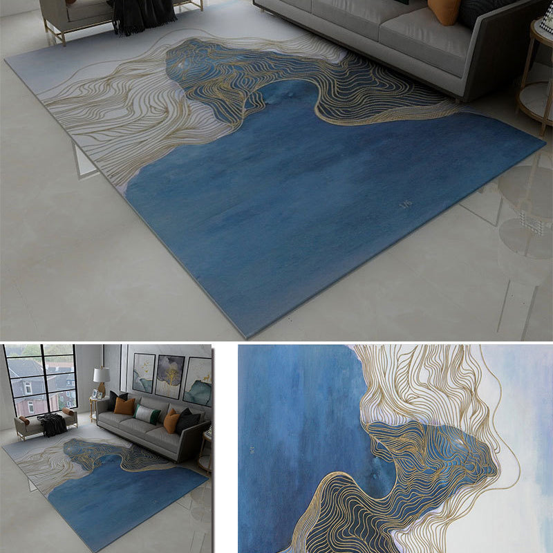 Funky Ink Painting Area Rug Luxury Gold Lines Rug Polyester Anti-Slip Backing Carpet for Home Decor