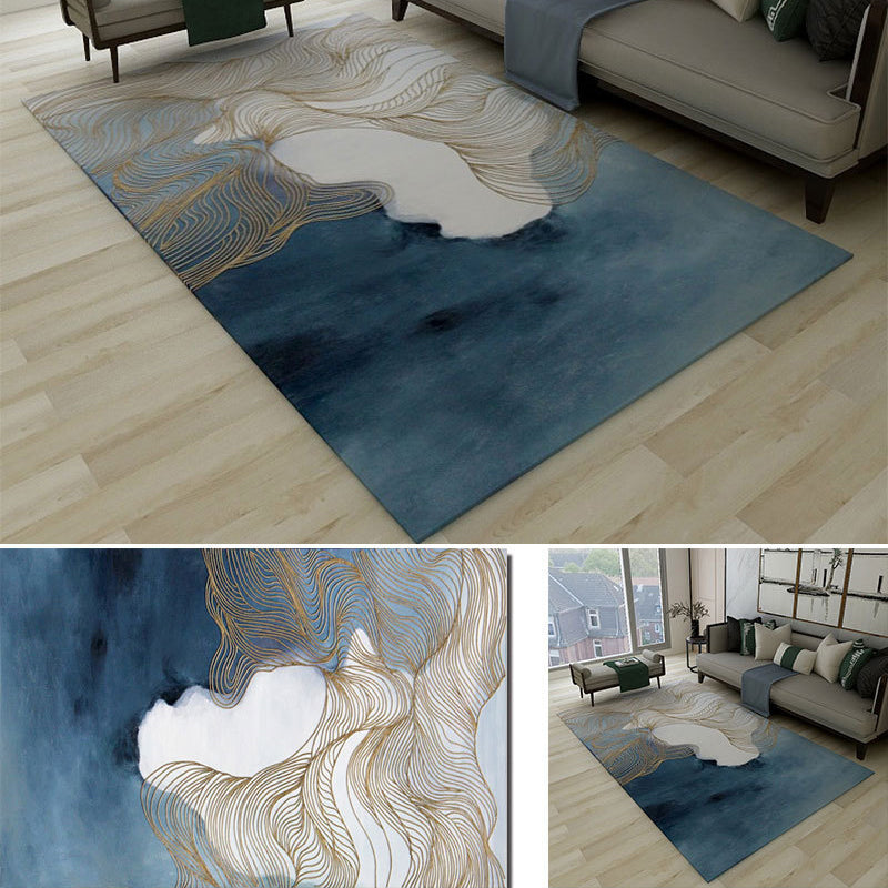 Funky Ink Painting Area Rug Luxury Gold Lines Rug Polyester Anti-Slip Backing Carpet for Home Decor