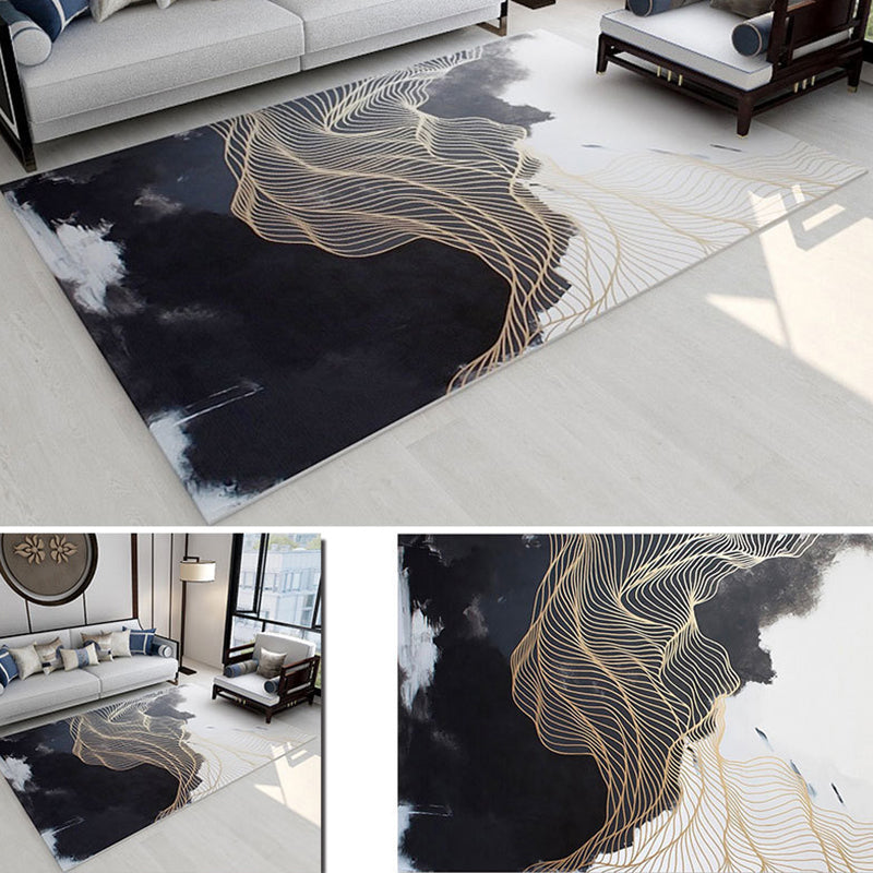 Funky Ink Painting Area Rug Luxury Gold Lines Rug Polyester Anti-Slip Backing Carpet for Home Decor