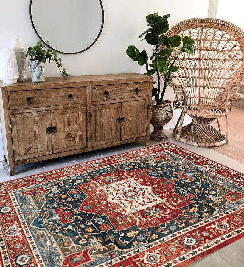 Red Tone Ethnic Print Rug Polyester Moroccan Carpet Non-Slip Backing Indoor Rug for Home Decoration