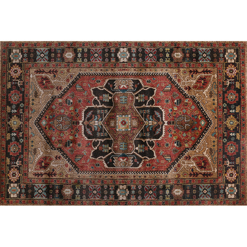 Red Tone Ethnic Print Rug Polyester Moroccan Carpet Non-Slip Backing Indoor Rug for Home Decoration