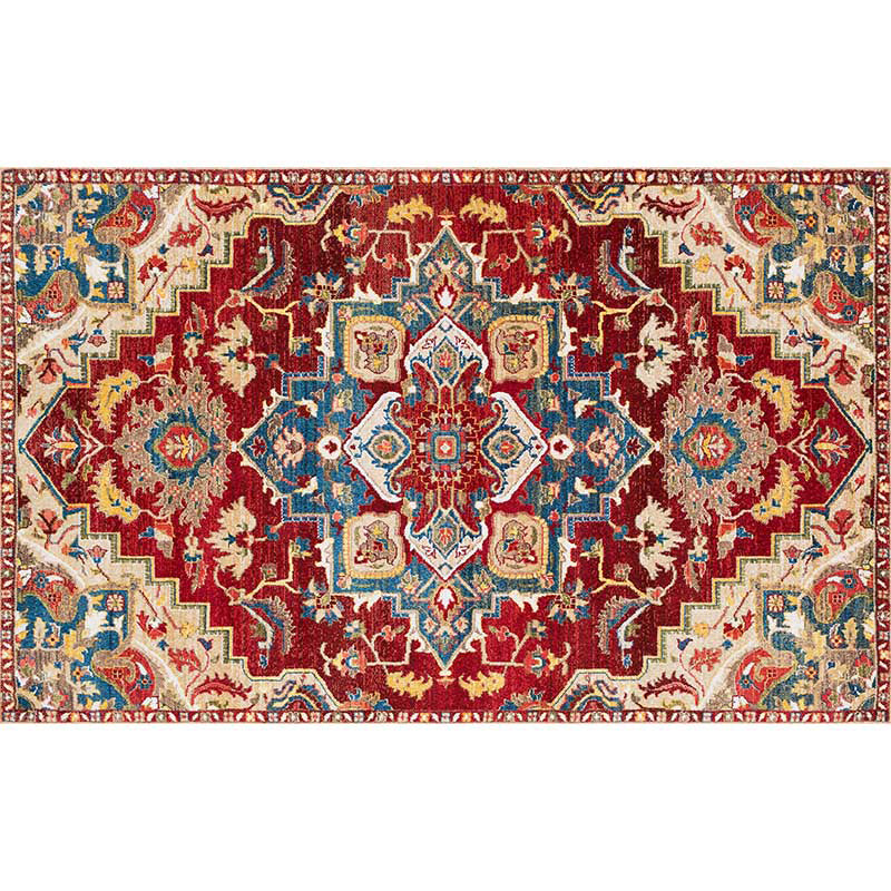 Red Tone Ethnic Print Rug Polyester Moroccan Carpet Non-Slip Backing Indoor Rug for Home Decoration