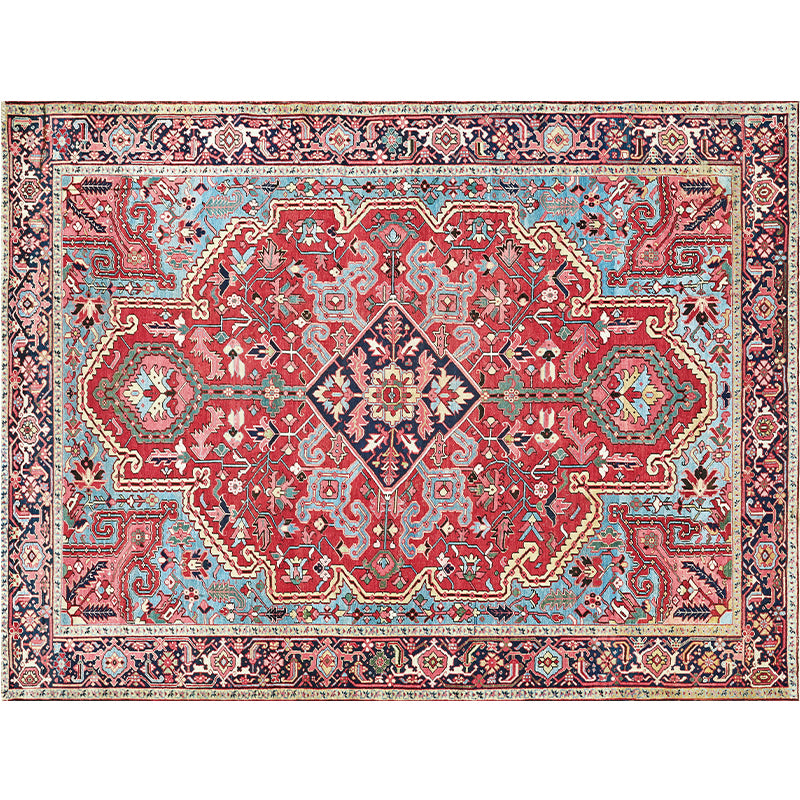 Red Tone Ethnic Print Rug Polyester Moroccan Carpet Non-Slip Backing Indoor Rug for Home Decoration