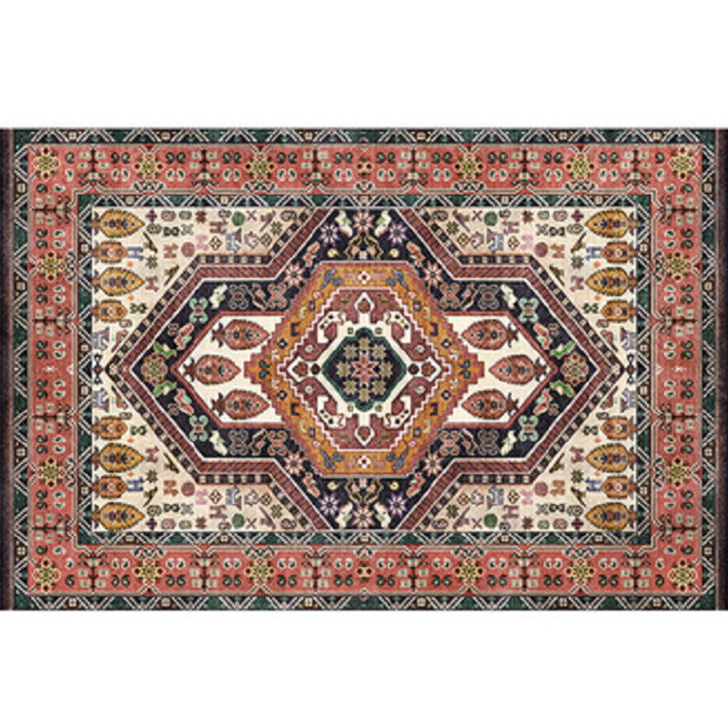 Red Tone Moroccan Indoor Rug Polyester Tribal Totem Print Carpet Easy Care Rug for Home Decoration