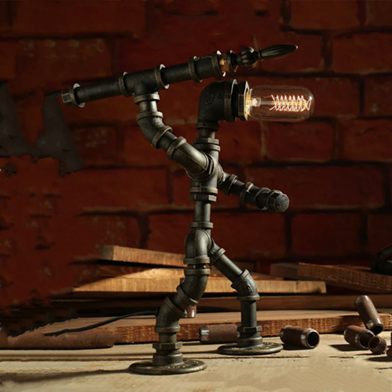 1-Light Wrought Iron Table Lamp Industrial Antiqued Brass Piping Bedroom Night Light