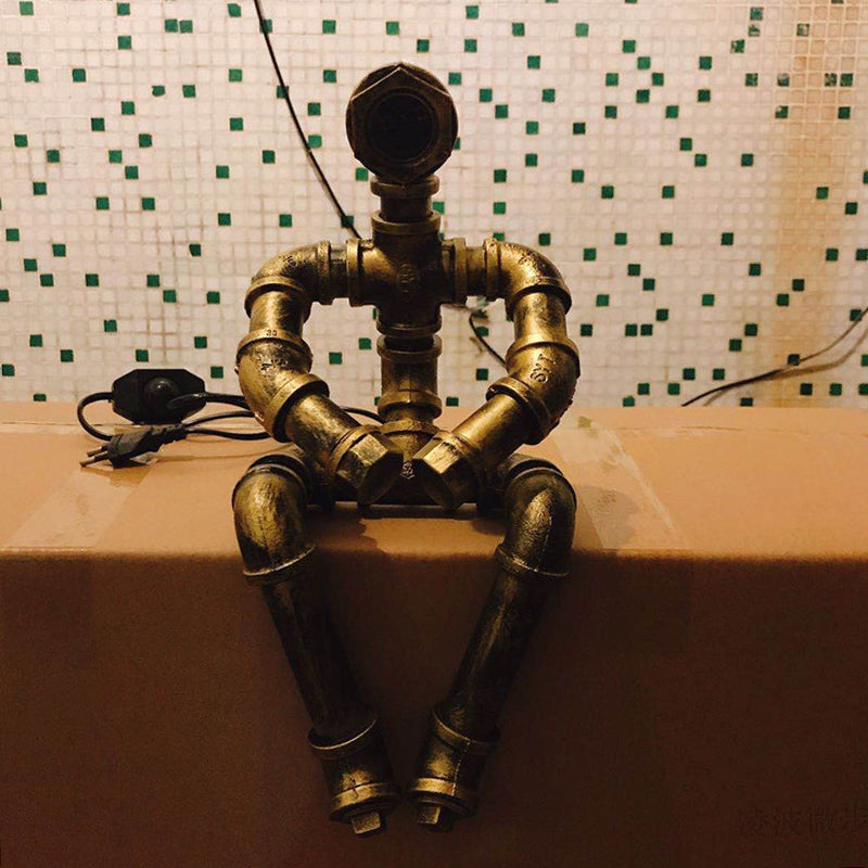 1-Light Wrought Iron Table Lamp Industrial Antiqued Brass Piping Bedroom Night Light