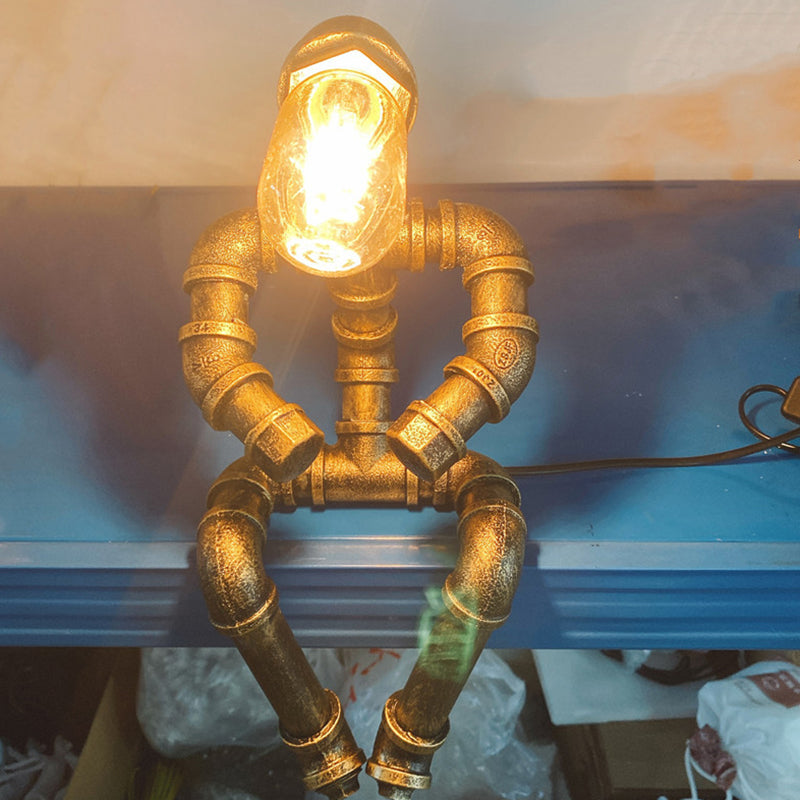 1-Light Wrought Iron Table Lamp Industrial Antiqued Brass Piping Bedroom Night Light