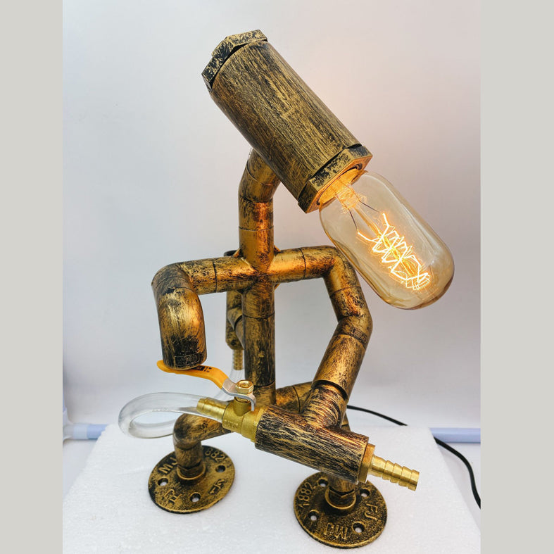 1-Light Wrought Iron Table Lamp Industrial Antiqued Brass Piping Bedroom Night Light