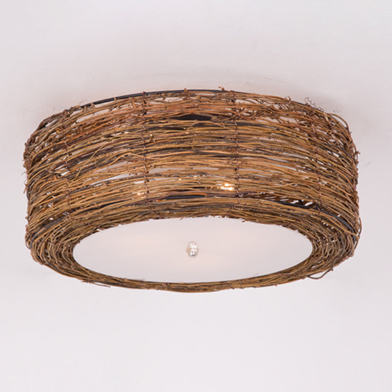 Rounded Drum Flush Mount Light Rattan Asia Flush Mount Spotlight for Restaurant