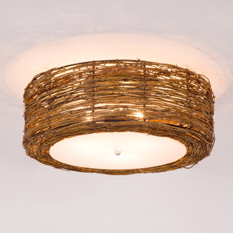 Rounded Drum Flush Mount Light Rattan Asia Flush Mount Spotlight for Restaurant