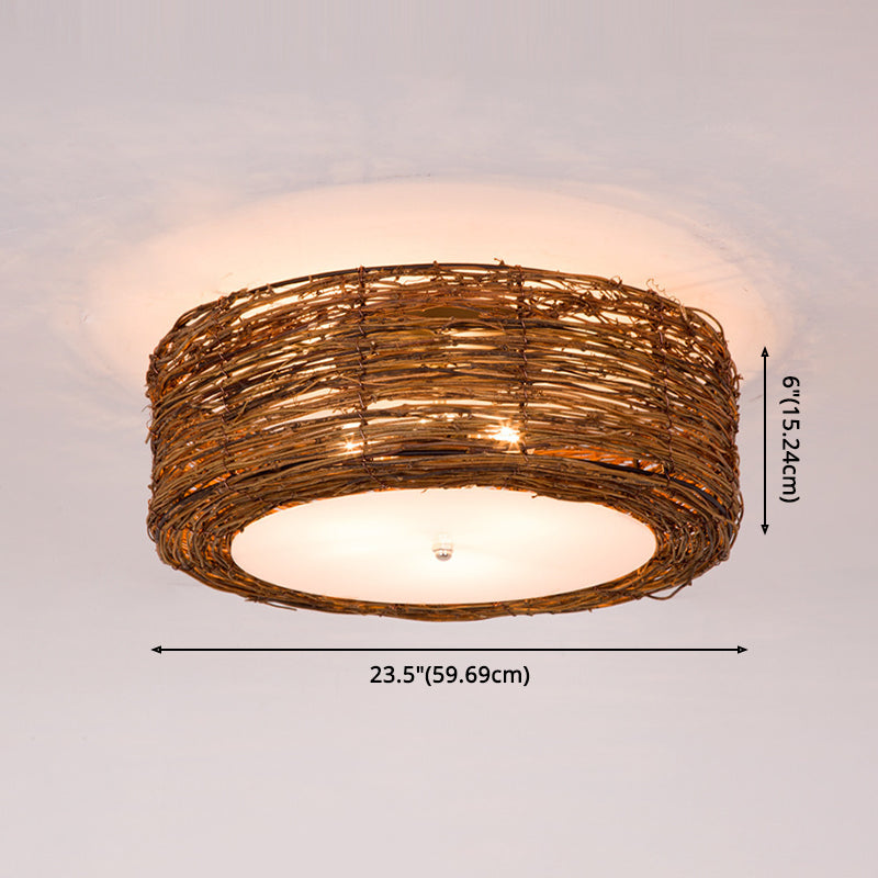 Rounded Drum Flush Mount Light Rattan Asia Flush Mount Spotlight for Restaurant