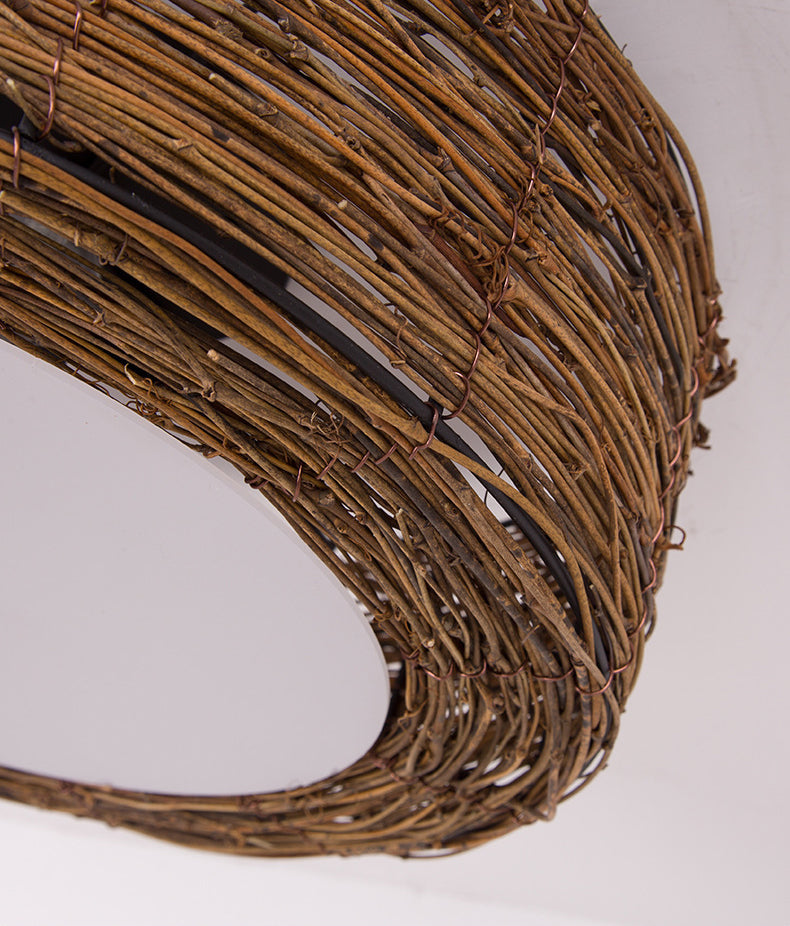 Rounded Drum Flush Mount Light Rattan Asia Flush Mount Spotlight for Restaurant