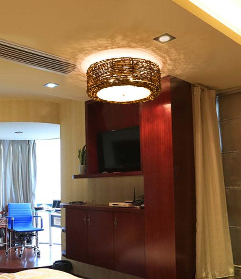 Rounded Drum Flush Mount Light Rattan Asia Flush Mount Spotlight for Restaurant