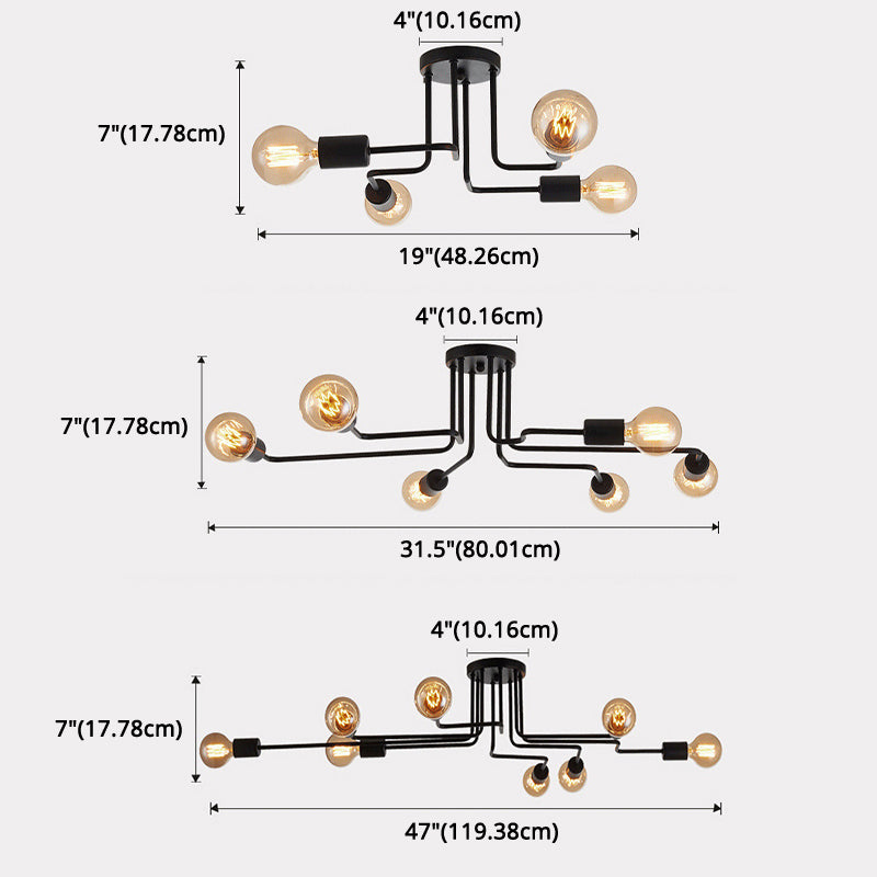 Spoutnik Semi-Flush Mount Light Fixture Industrial Metallic Ceiling Mount Chandelier for Bedroom