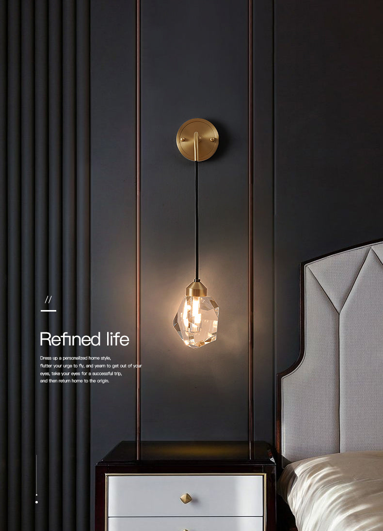 Gold Geometric Hanging Wall Lamp in Modern Luxury Style Copper Wall Sconce with Crystal Shade