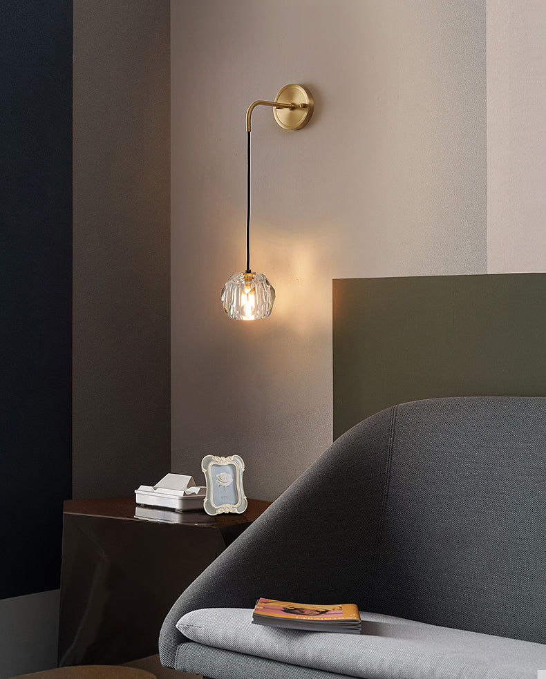 Gold Geometric Hanging Wall Lamp in Modern Luxury Style Copper Wall Sconce with Crystal Shade