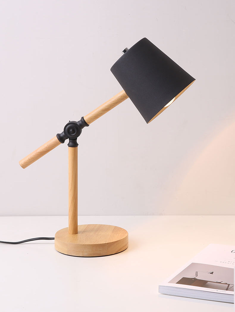 Lampada da tavolo con braccio oscillante in legno Macaron Lampada da lettura a 1 luce con paralume affusolato in metallo