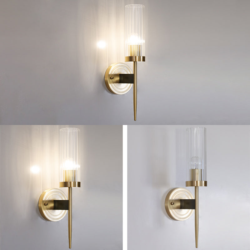 Modern Minimalist Cylindrical Wall Sconce Copper Wall Lamp with Clear Glass Shade
