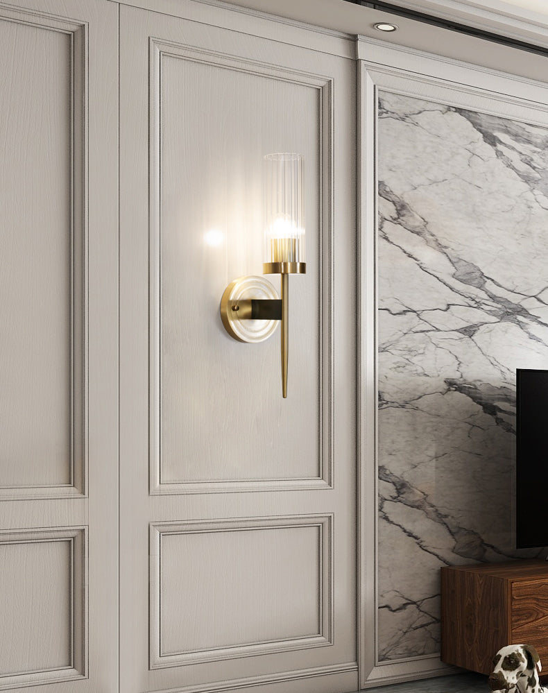 Modern Minimalist Cylindrical Wall Sconce Copper Wall Lamp with Clear Glass Shade
