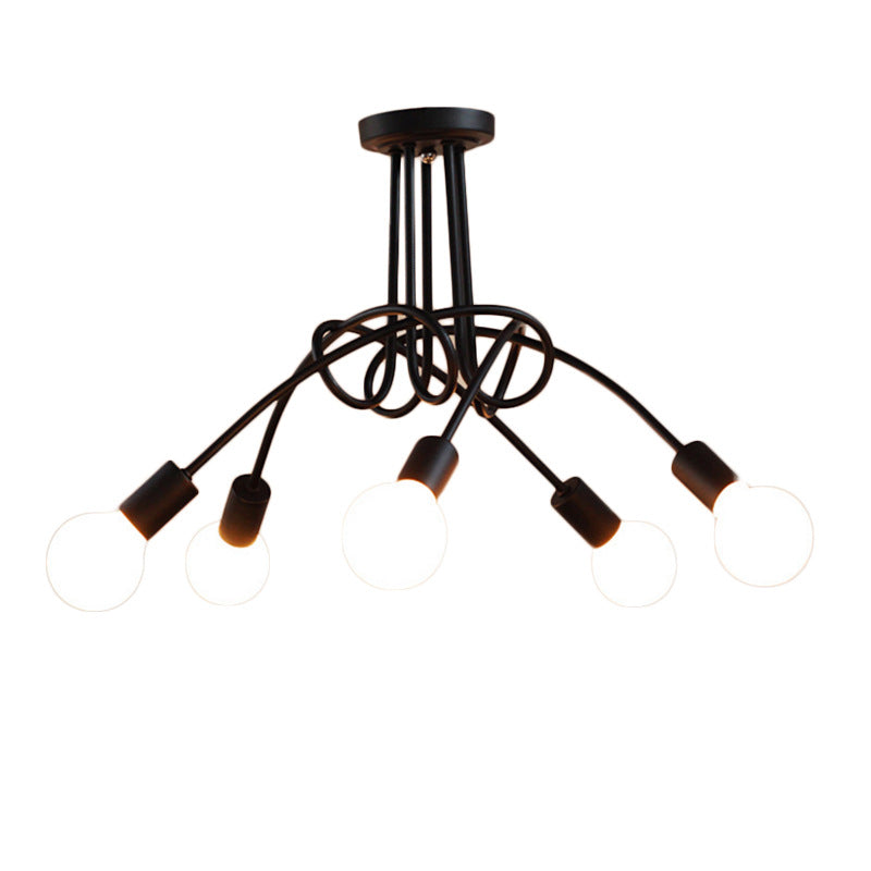 Bare Bulb Semi Flush Mount Light Fixture Industrial Metallic Ceiling Mount Chandelier for Bedroom