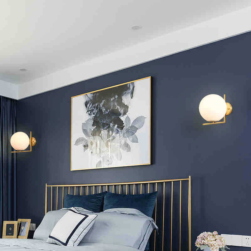 Modern Concise Globe Wall Sconce Wrought Iron Wall Lamp with White Glass Shade