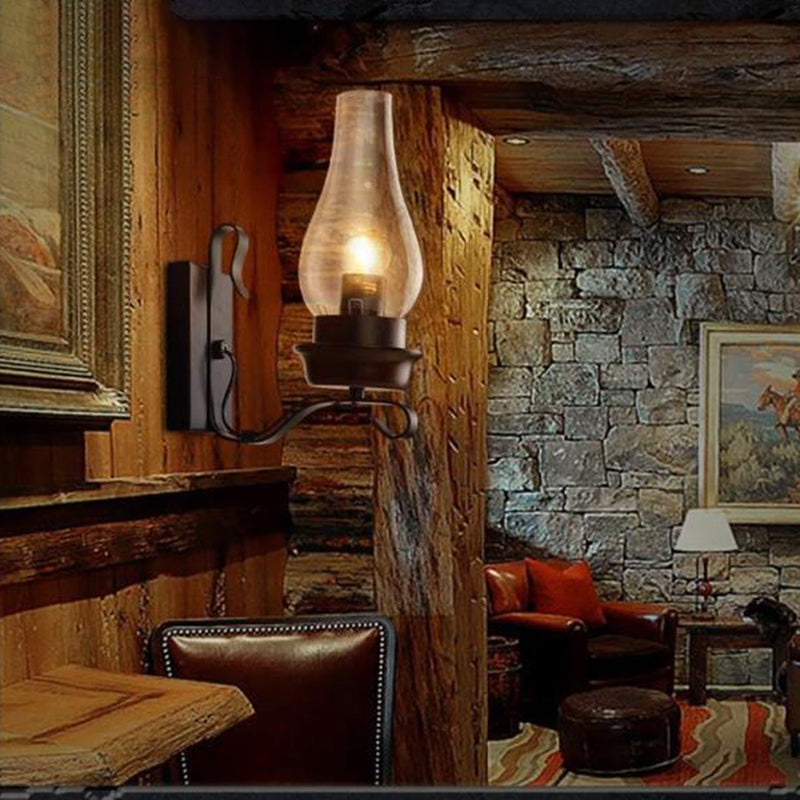 Amplia de pared oxidada en la lámpara de pared de hierro forjado de estilo industrial de estilo vintage con sombra de vidrio ámbar