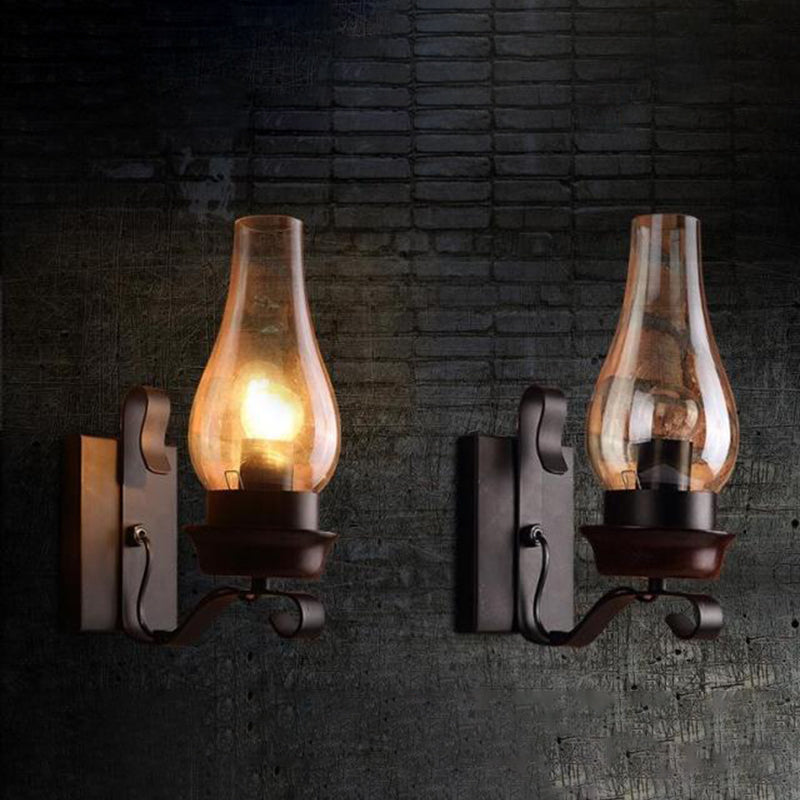 Amplia de pared oxidada en la lámpara de pared de hierro forjado de estilo industrial de estilo vintage con sombra de vidrio ámbar