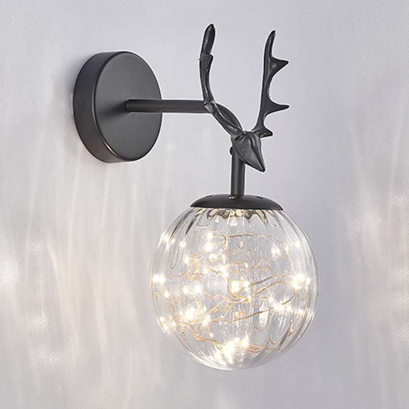 Glass Globe Wall Sconce in Modern Luxury Style Wrought Iron Wall Lamp with Antler Decoration