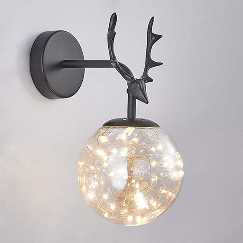 Glass Globe Wall Sconce in Modern Luxury Style Wrought Iron Wall Lamp with Antler Decoration