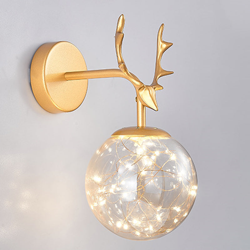 Glass Globe Wall Sconce in Modern Luxury Style Wrought Iron Wall Lamp with Antler Decoration