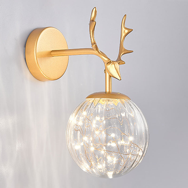 Glass Globe Wall Sconce in Modern Luxury Style Wrought Iron Wall Lamp with Antler Decoration