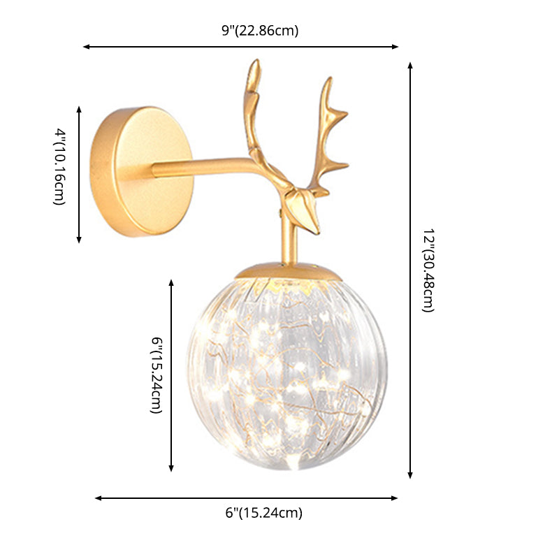 Glass Globe Wall Sconce in Modern Luxury Style Wrought Iron Wall Lamp with Antler Decoration