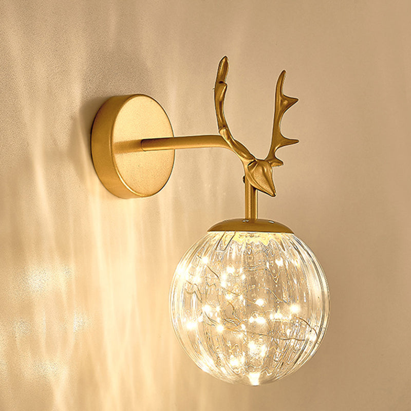 Glass Globe Wall Sconce in Modern Luxury Style Wrought Iron Wall Lamp with Antler Decoration
