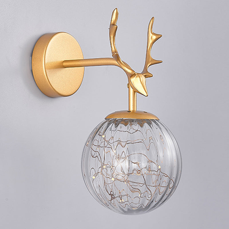 Glass Globe Wall Sconce in Modern Luxury Style Wrought Iron Wall Lamp with Antler Decoration