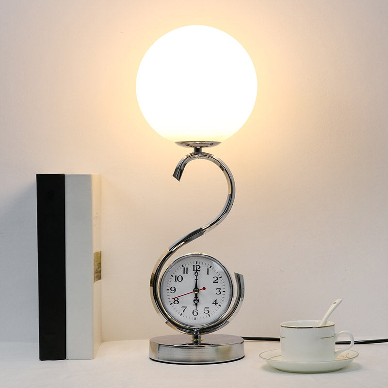 White Glass Ball Nightstand Lamp Modern 1-Light Table Light with S-shaped Base and Clock