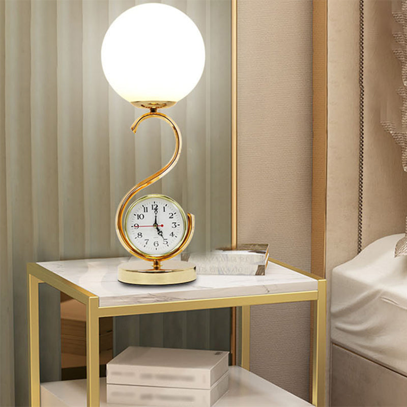 White Glass Ball Nightstand Lamp Modern 1-Light Table Light with S-shaped Base and Clock