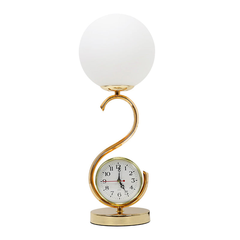 White Glass Ball Nightstand Lamp Modern 1-Light Table Light with S-shaped Base and Clock